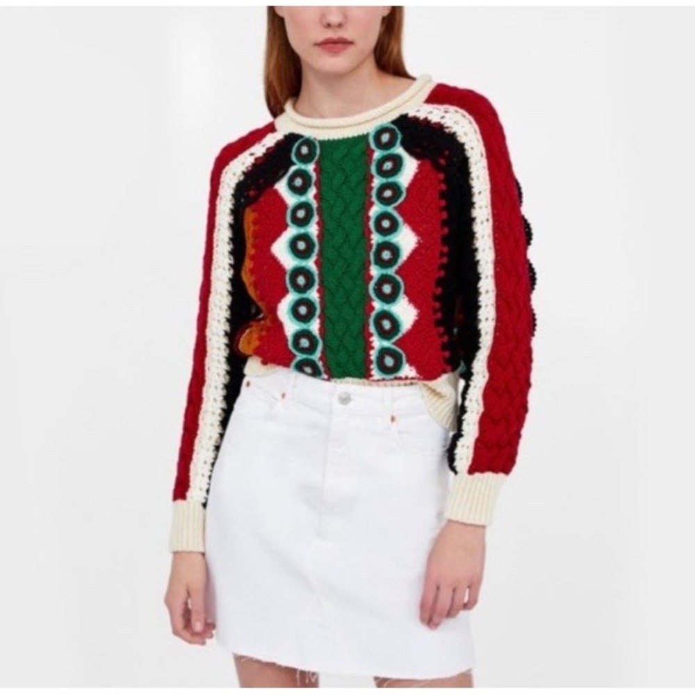 Zara Collection Sz Medium Crochet Cable Knit Sweater Artsy Coogi Cropped Girly